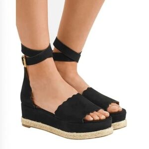 Chloé Suede Scalloped Accent Black Espadrilles
